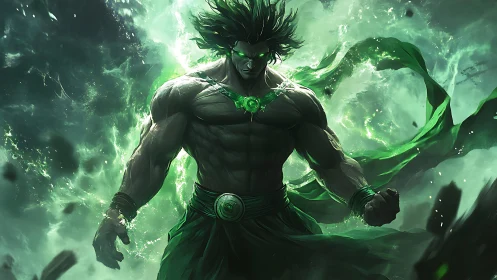 Muscular green energy warrior in swirling abstract storm.