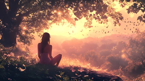 Sunlit dreamer beneath glowing forest canopy at dusk.