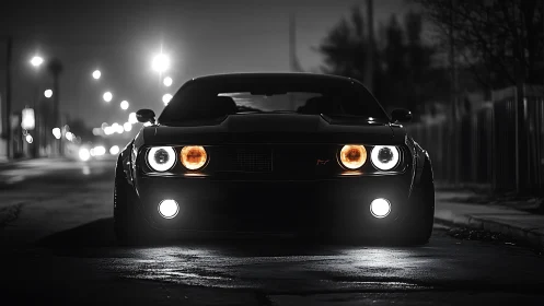 Street-lit muscle car prowls a moody monochrome city night
