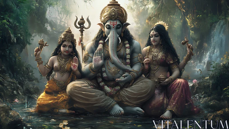 Hindu deities seated in forest stream with ornate adornments.