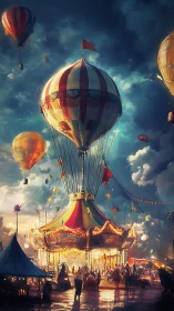 Carnival carousel rises as hot air balloons glow at dusk