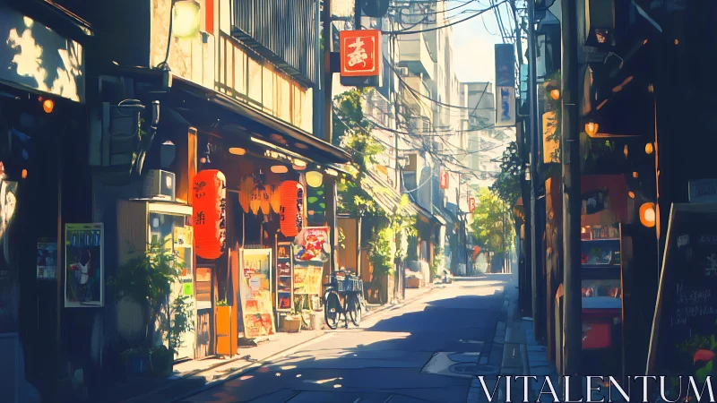 Sunlit Tokyo alley glows with lanterns and shopfront color.