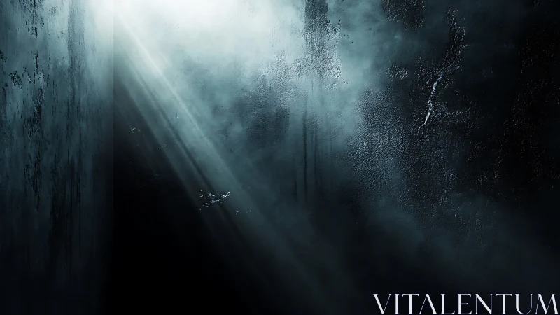 Cinematic volumetric light shaft in textured dark corridor.