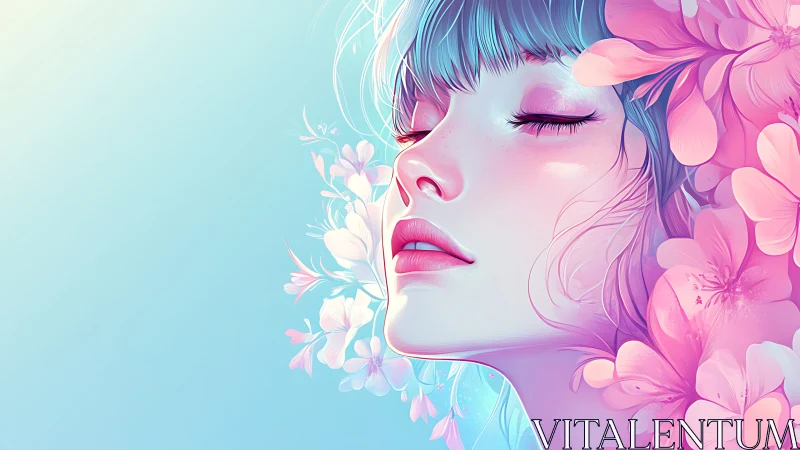 Softly dreaming girl rests amid glowing pastel blossoms