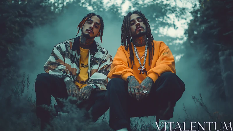 Twin street shadows rest in neon misted woodland hush