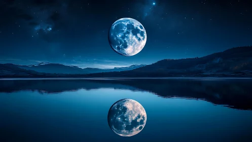 Moon appears enlarged above lake with mirrored reflection