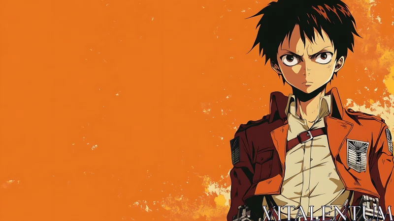 Determined anime soldier stands against flat orange backdrop