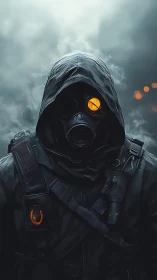 Hooded gas mask wanderer stands in smoky postwar haze.