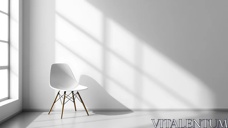 Minimalist white chair in bright sunlit interior corner.