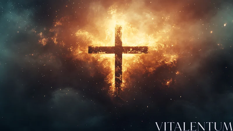 Fiery cross burns within cosmic smoke and glowing embers.