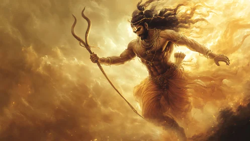 Radiant warrior strides through swirling golden storm clouds