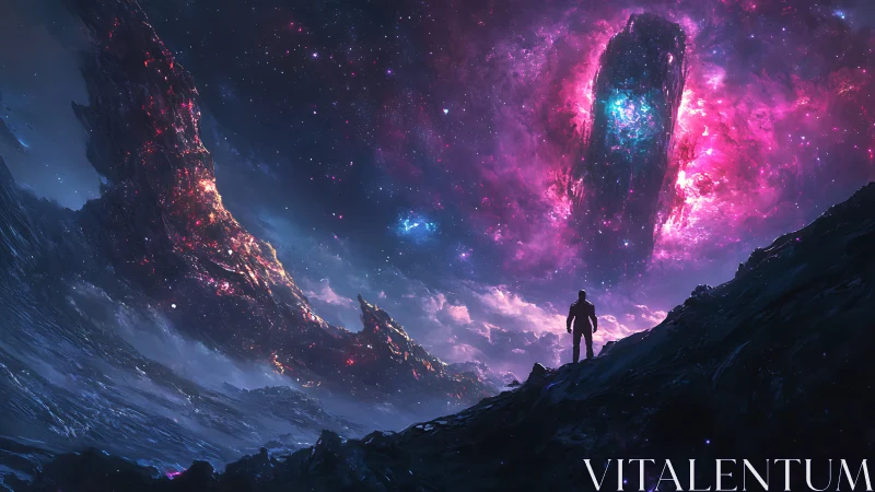 Silhouetted figure observing luminous cosmic monolith above.