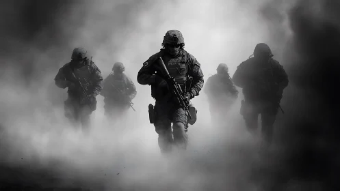 Tactical infantry squad advances through dense battlefield smoke layer