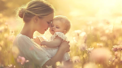Tender mother holding baby in sunlit field, soft pastel style.