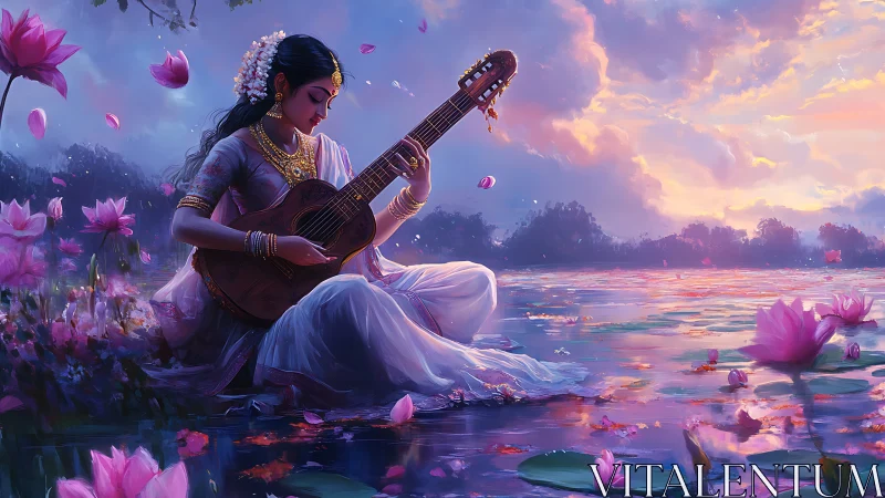 Twilight raga on a lotus lake, where petals echo music.