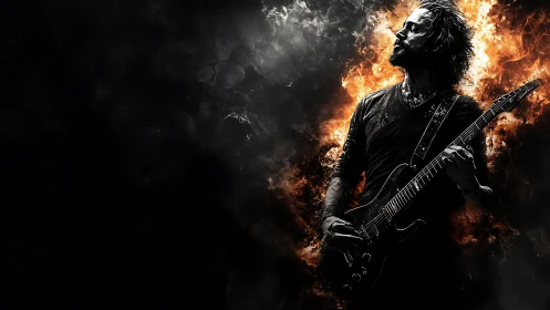 Electric guitarist silhouetted in inferno-lit smoke field.