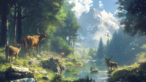 Deer in forested mountain valley beside clear river.