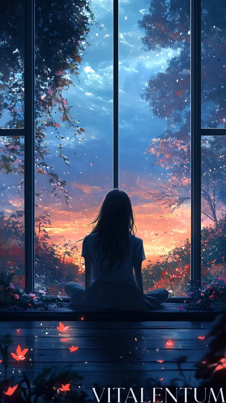 Silent dusk watcher under a flowering, star-swept sky.