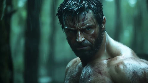 Rain-soaked warrior glares through the forest’s cold breath