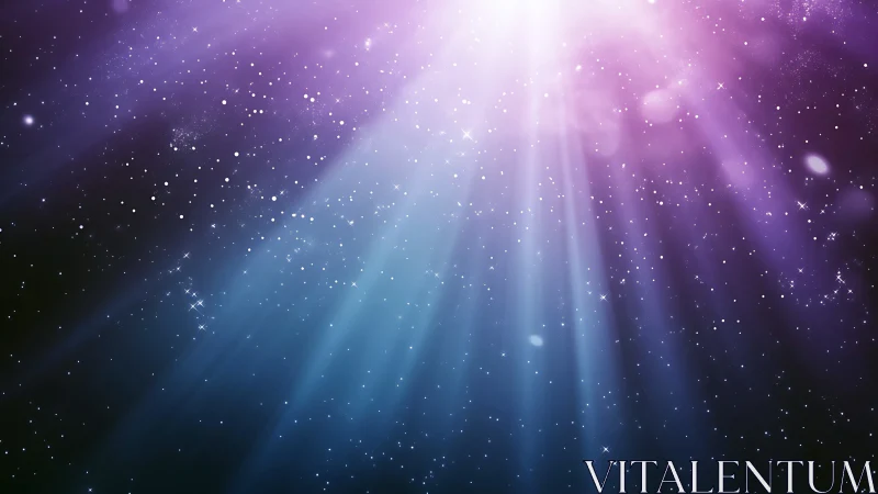 Purple and blue cosmic light rays across starry space.