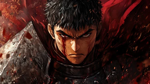 Battle-scarred armored warrior in high-intensity anime close-up.