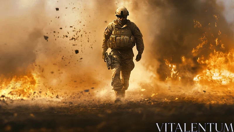 Tactical infantry operator advancing through explosive firestorm.