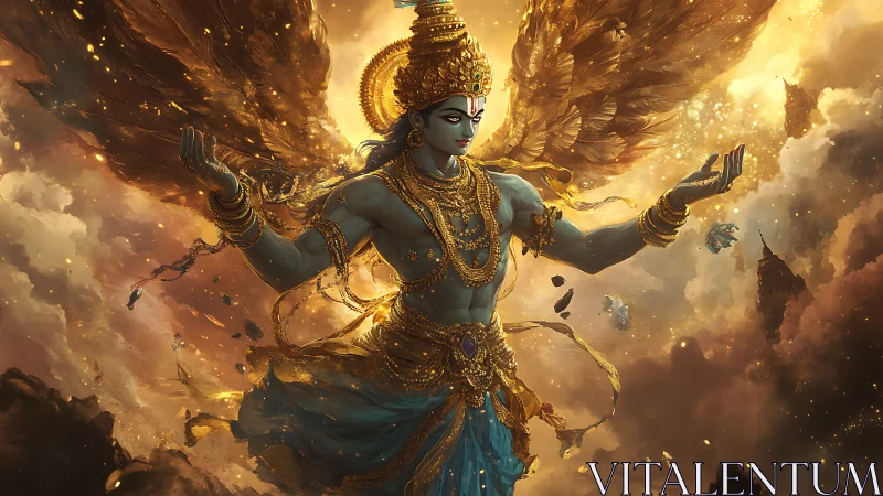 Mythic celestial deity in radiant golden atmospheric digital painting.