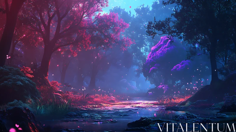 Bioluminescent Forest Stream: Neon Atmosphere Rendered at Twilight.