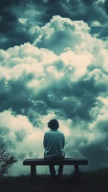 Solitary figure on bench beneath dramatic storm clouds.