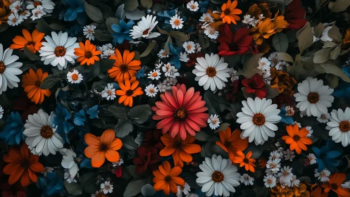 Chromatic Explosion: Daisies Converge in Warm Hues.