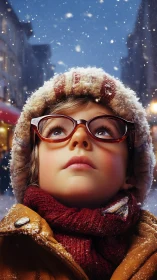 Wonderstruck child in city snowfall, glasses catching starlight.