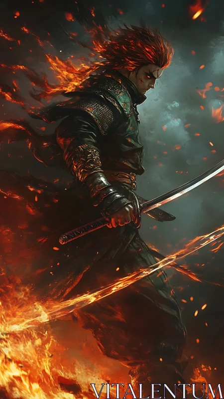 Fiery warrior strides through swirling flames with quiet resolve.