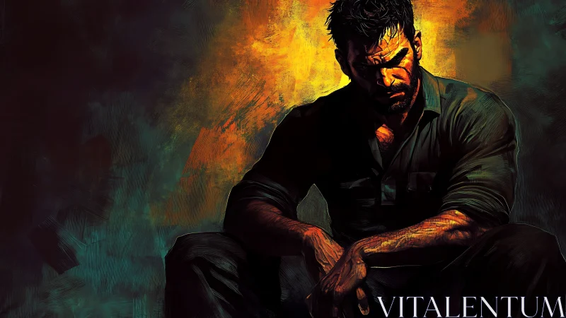 Brooding hero resting in warm light and painted shadow.