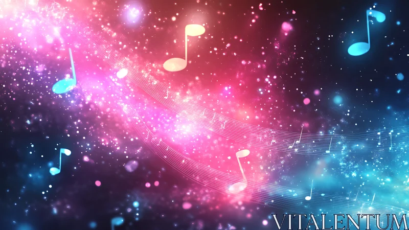 Colored musical notes float over glowing particle gradients