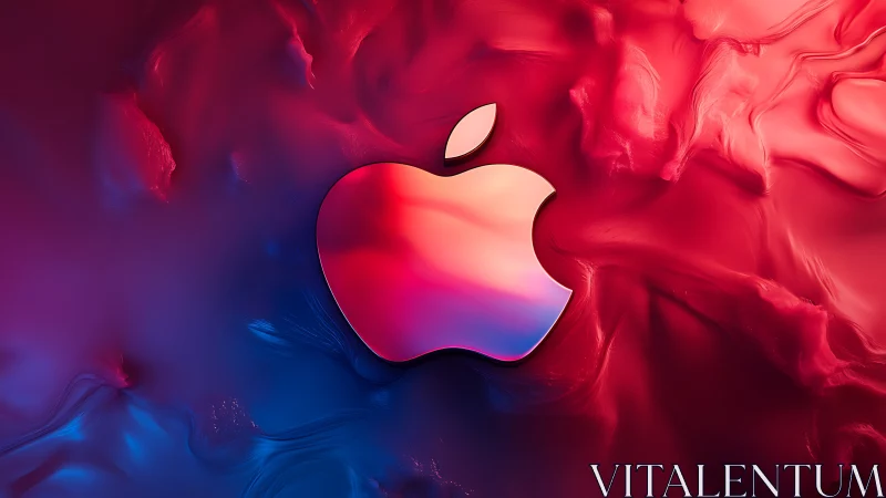 Chromatic metallic apple emblem on fluid gradient surface.