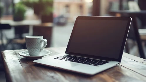 Glossy laptop and ceramic coffee cup on rustic café table