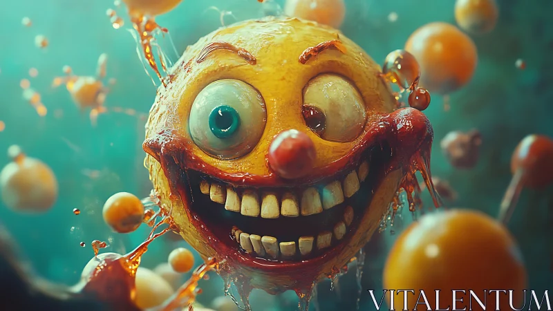 Grotesque citrus mascot rendered in hyperreal 3D caricature
