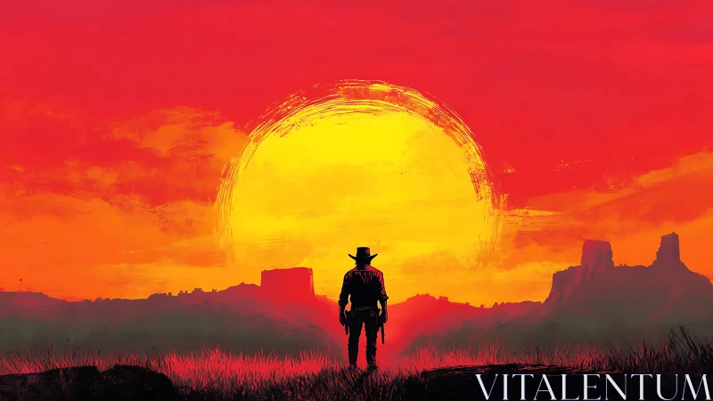 Lone cowboy greeting a blazing desert sunset horizon.