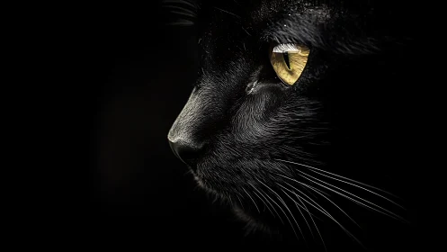 Black Cat Profile with Luminous Golden Eyes Against Dark Background