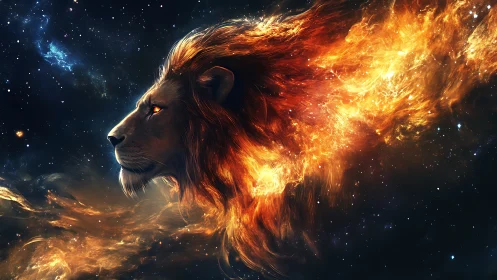 Stellar lion gazes calmly as its fiery mane flows through space