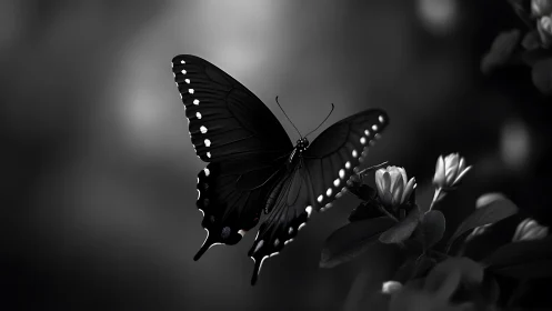 Black butterfly hovers in soft monochrome garden light