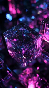 Transparent geometric cube under neon magenta blue lighting.