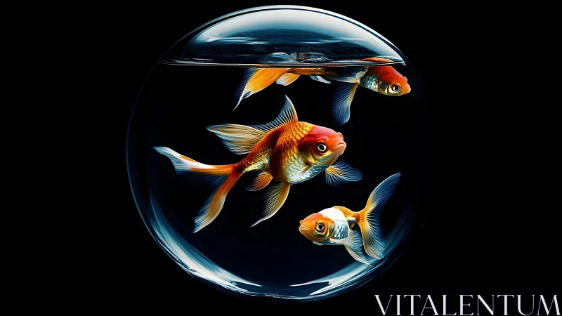 Three Colorful Goldfish in a Glass Bowl on Black Background.