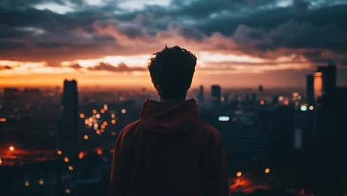 Backlit urban silhouette observing dusk skyline panorama