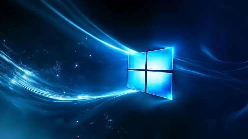 Glowing window icon with radial light streaks on deep blue field