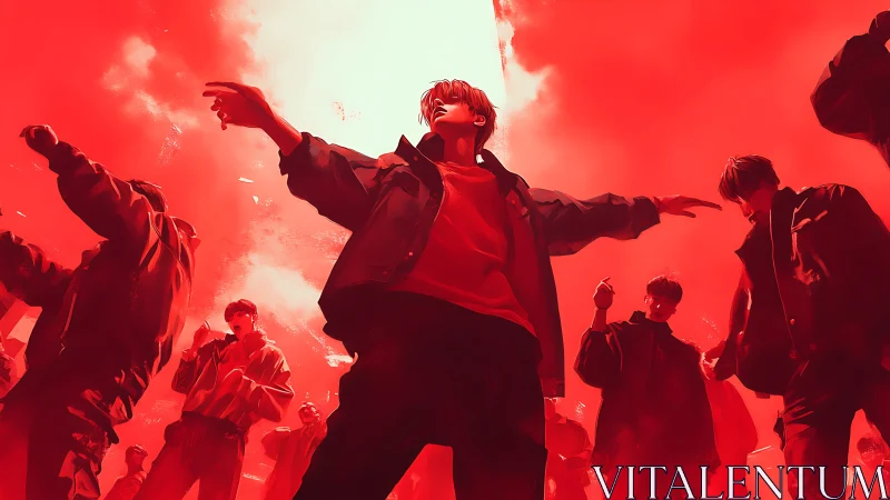 Dancers move under red flares in dense atmospheric haze