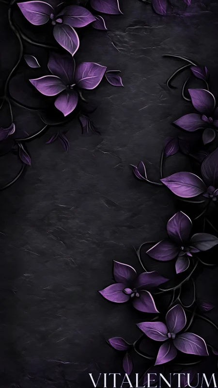 Purple Flowers on Black Textured Surface. Dark Botanical Art.