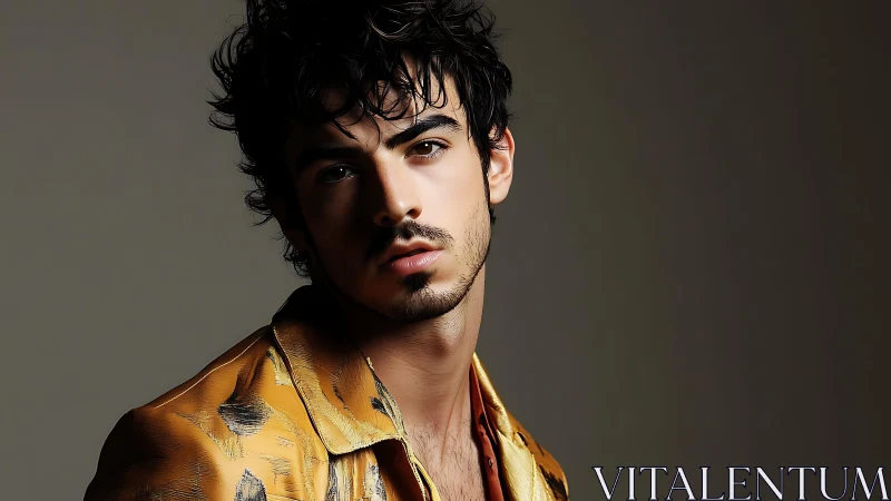 Moody male portrait in silky gold patterned shirt study.