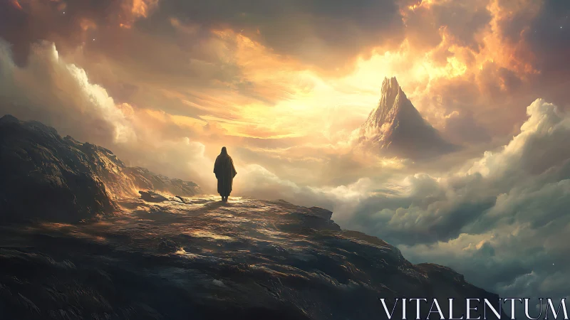 Wanderer strides toward a sunlit peak above mythic clouds.