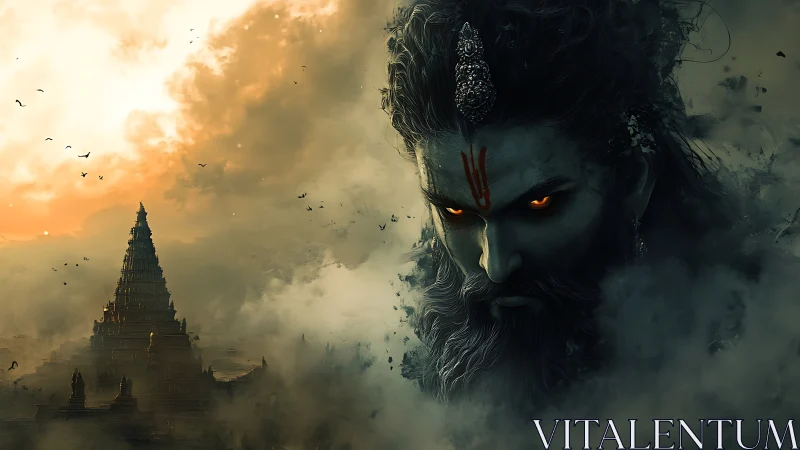 Mythic godlike visage emerging over stormlit temple ruins.